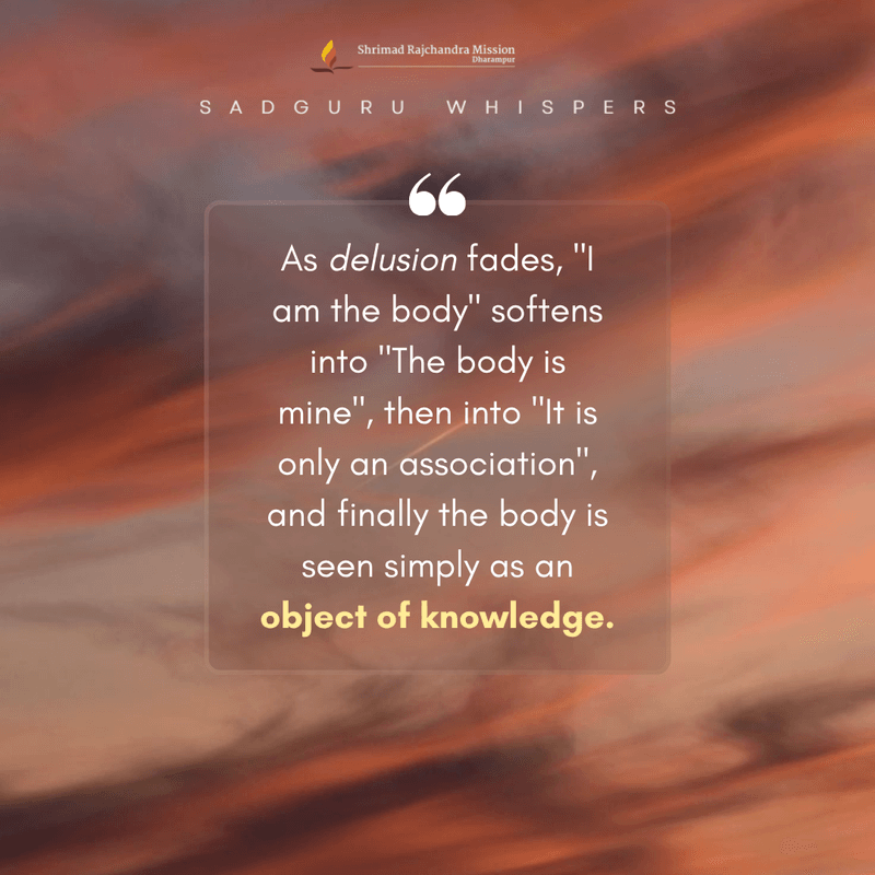 As delusion fades, ‘I am the body’ softens into ‘The body is mine’, then into ‘It is only an association’, and finally the body is seen simply as an object of knowledge.